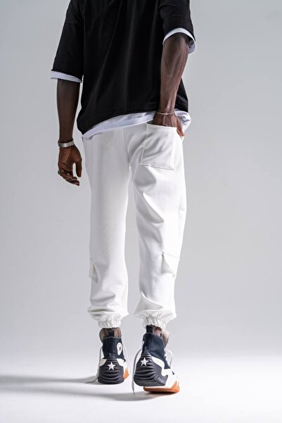 Superbluemexico Men's Stitched Elastic White Jogger Pants