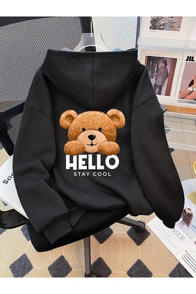 buendiakids Черна качулка Hello Bear Back с щампа за момиче/момче