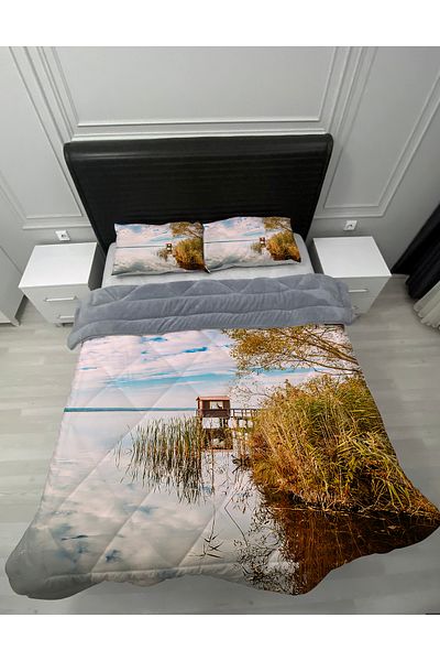 yok yok evim eve dair her şey Welsoft Fluffy Double-Sided Lake House Scenical Patterned Double Comforter Sleeping Set
