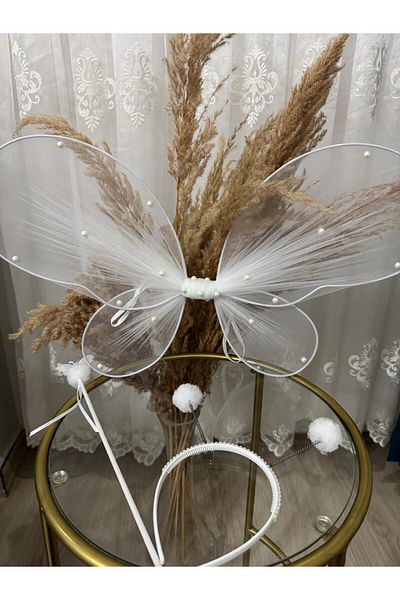 entrend White Pompom and Pearl Butterfly Wing Crown Wand Set Set of 3