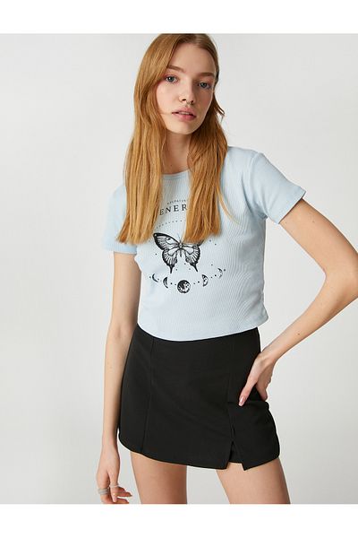 Koton Crop T-Shirt aus Baumwolle mit College-Print und Rundhalsausschnitt