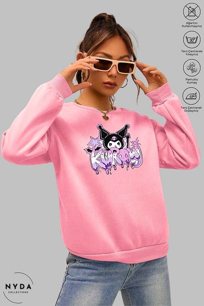 Nyda Collections Women's Long Sleeve Anime Kuromi Printed Crew Neck Hoodless Raster Oversize Sweatshirt