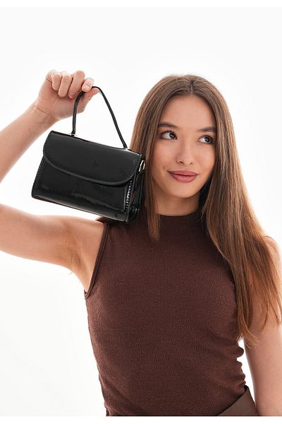 truvalıhelen Patent Leather Black Strap Women's Hand and Shoulder Bag