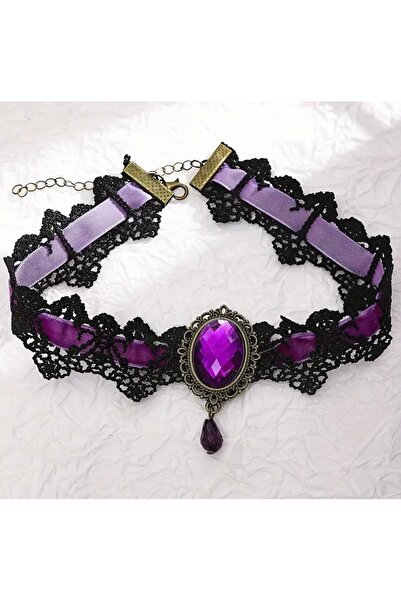 PİRAMİGO Gothic Purple Velvet Lace and Teardrop Stone Necklace