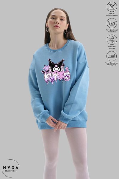 Nyda Collections Women's Long Sleeve Anime Kuromi Printed Crew Neck Hoodless Raster Oversize Sweatshirt