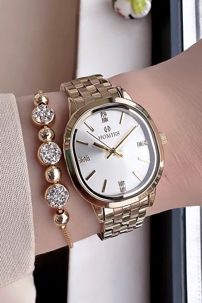 Homies Gold Color Waterproof Women's Wristwatch - Oval Case, Steel Band + Bracelet Hmby2043C3