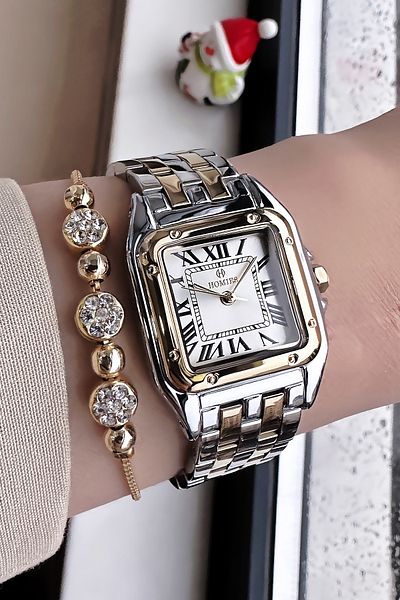 Homies Gold Silver Color Waterproof Women's Wristwatch - Square Case, Steel Band + Bracelet Hmby2047C2