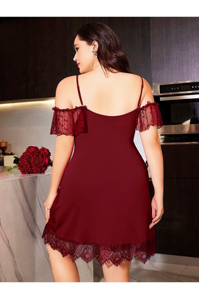 Viselya Plus Size Burgundy Nightgown