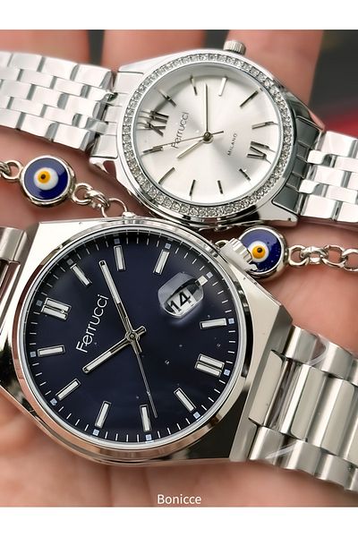 Ferrucci Brand Silver Color Steel Band, Navy Blue Dial, Lover Couple Watches + Rosary Bracelet