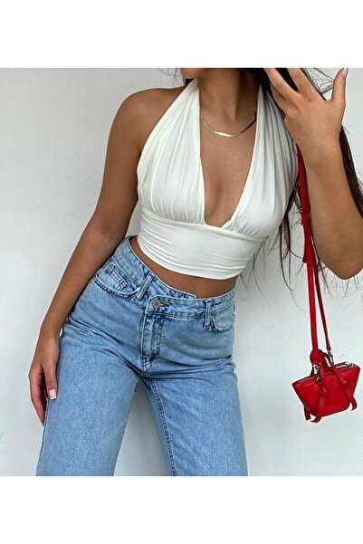 Genel Markalar Kadın Yazlık Boyun Bağlamalı Askılı Değişken Yaka Crop Beyaz B...