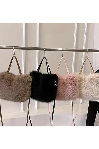 ALİVİONS Kabarık Peluş Çanta, Ayarlanabilir Omuz Askılı, Kürk Detaylı El Çantası, Manyetik kapatma