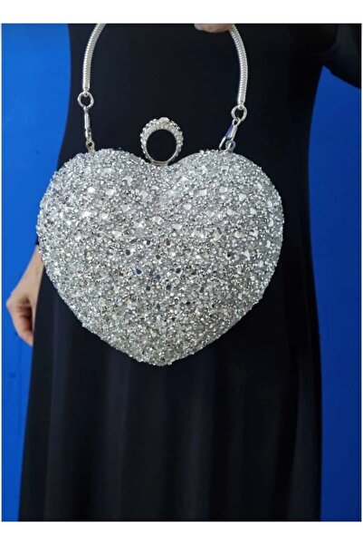 tümsek kadın iç giyim Silver Heart Evening Bag with Crystal Stone
