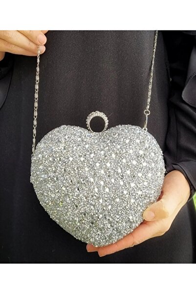 tümsek kadın iç giyim Silver Heart Evening Bag with Crystal Stone