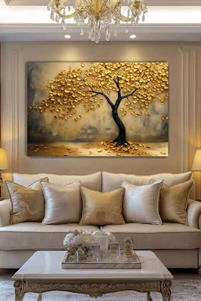 Arkeot Altın Yapraklar Kanvas Duvar Tablosu Dekoratif Modern  Salon Oturma od...