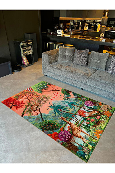Rugs Modern Halı Emre Koleksiyonu Doğa Temalı Göl Ağaç Zürafa ve Leopar Desen...