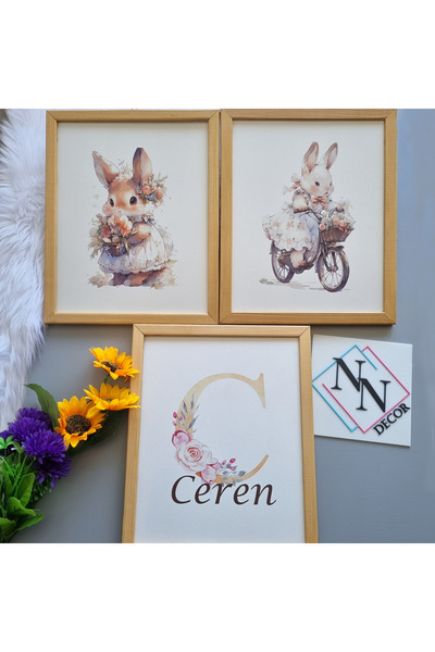 NN DECOR İsme Özel Tavşan Figürlü 3'lü Set - Doğal Ahşap Çerçeveli, Kız Bebek ve Çocuk Odası Tablosu