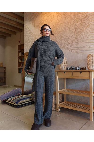 Lusin Women's Anthracite Scarf Hair Braided Pants Sweater Scarf Set of 3