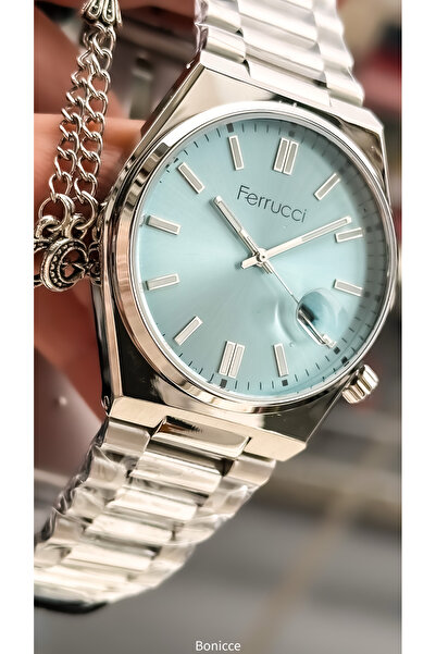 Ferrucci Marka Gümüş Renk Çelik Kordon, Mavi Kadran Takvimli Erkek Kol Saati+...