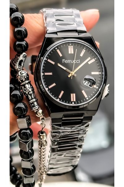 Ferrucci Men's Wrist Watch and Bracelet Rosary - Black Brand, Steel Band, with Calendar and Gift