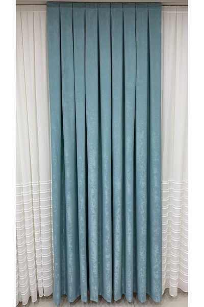 Fon Dünyası Luxury Velvet Textured - Background Curtain Light Turquoise Pleat (Single Wing)