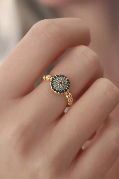 FASHIONLINE Gold Color Evil Eye Bead Figure Zircon Stone Detail Women's Ring