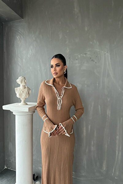 LİLA İSTANBUL Rochie tricotată cu mâneci volante cu guler polo (compatibilă c...