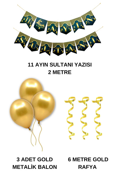 Azebu 11 Ayın Sultanı Yazısı + 3 Gold Metalik Balon + Metalik Balon İpi Süsle...