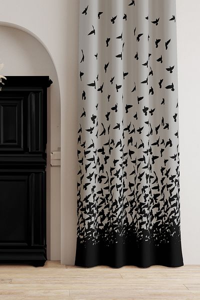 AYSHOME Ays Home Bird μοτίβο γκρι μαύρο φόντο κουρτίνα - 135cmx260cm χωρίς πιέτες