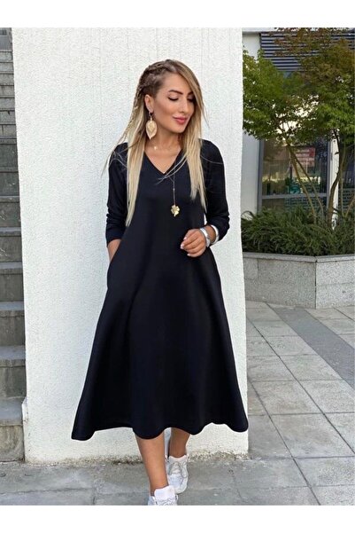 JANES Rochie midi din viscoză, cu mâneci lungi, cu decolteu în V, cu fante la...