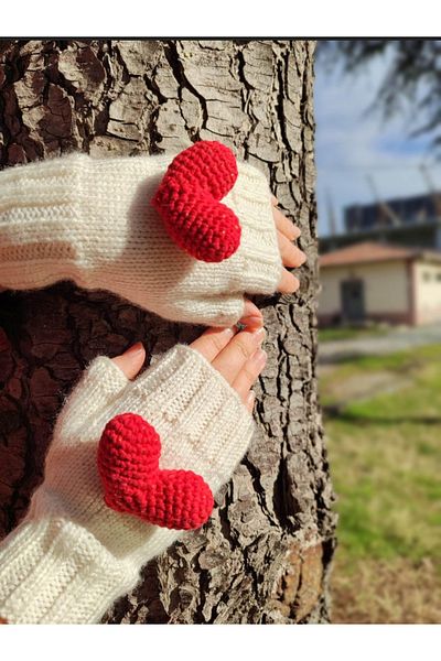 ThreadArtByNur Hand Knitted Fingerless Heart Detailed Women's Gloves, Valentine's Day