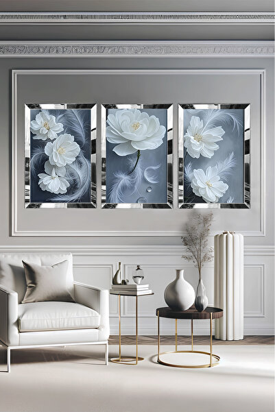 YOKTAYOK Pleksi Çerçeveli Beyaz Çiçek Tablo 3lü