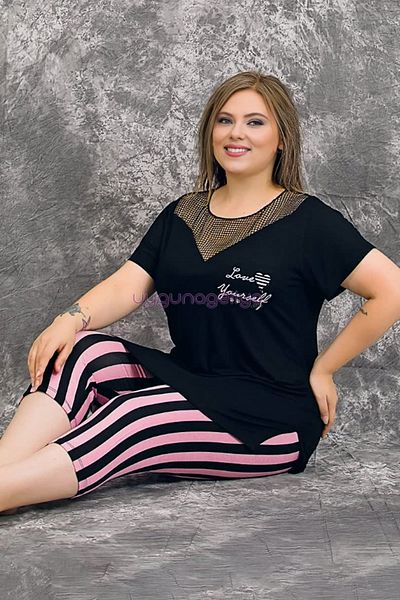 quilling Black Color and Striped 10719 Women's Cotton Big Size Leggings and Capri Mother Pajamas Set