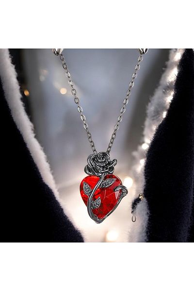 SOSYETEZGAHI Rose Design Lover's Necklace with Red Heart Wrap-Around Hang Heart Necklace Valentine's Day Necklace