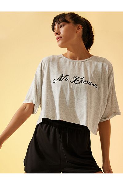 Koton Crop T-Shirt with Slogan Crew Neck