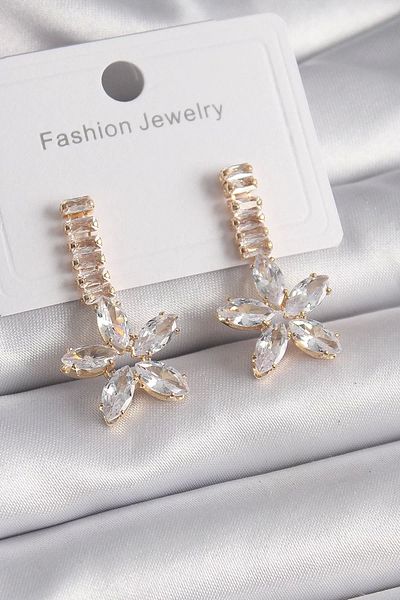 LolaAksesuar Brass Gold Color Waterway Zircon Stone Flower Model Women's Earrings
