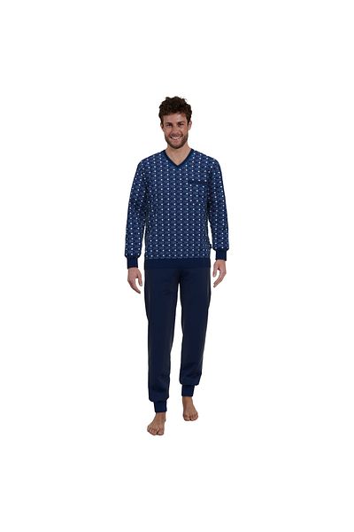 Götzburg GÖTZBURG Herren Schlafanzug - lang, Bündchen, Pyjama, Baumwolle, Muster, V-Ausschnitt