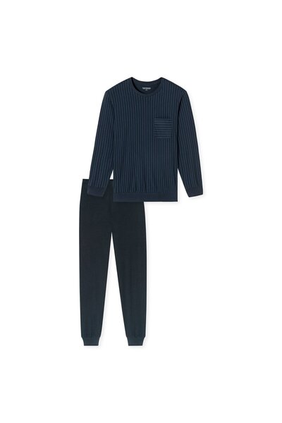 Schiesser Herren Schlafanzug, lang - Comfort Essentials, Baumwolle, Rundhals