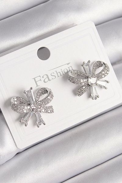 Clariss Brass Silver Color Zircon Stone Bow Model Women's Earrings