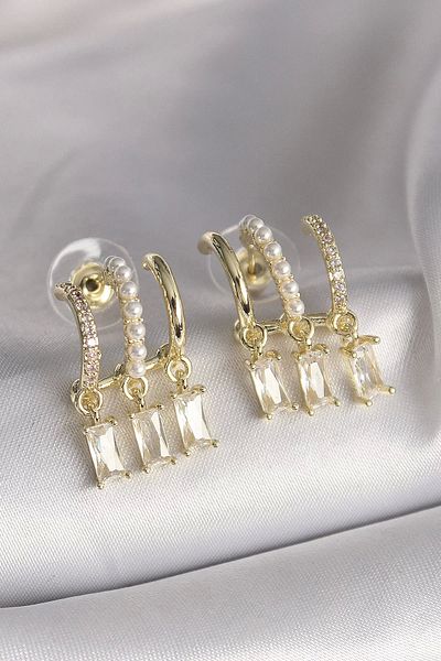 Clariss Brass Gold Color Pearl Detail Dangle Zircon Stone Women's Earrings