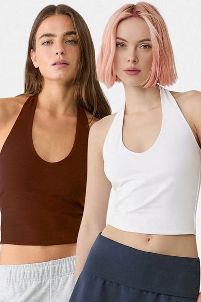VODENS Women's White Brown 2-Piece Halter Neck Crop Top Bodysuit