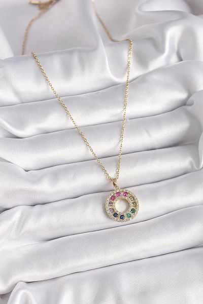 Clariss 316L Steel Gold Color Chain Colorful Zircon Stone Medallion Model Women's Necklace