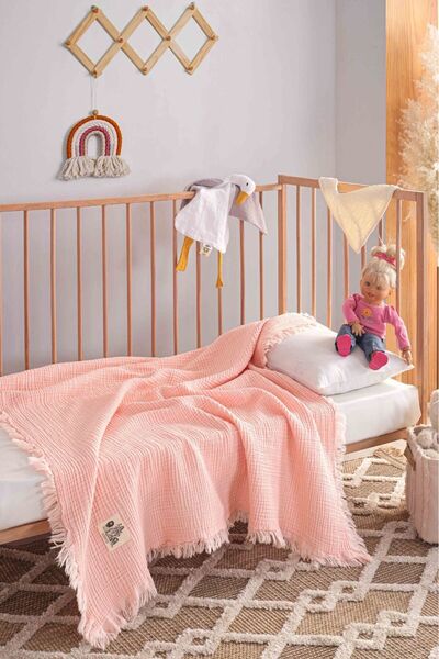 Kibele Pembe 4 Katlı Müslin Püsküllü Bebek & Çocuk Battaniyesi %100 Pamuk 110...