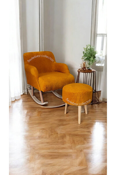 BEYLERBEYİ Berjer, Sallanan Ahşap Ayaklı turuncu Rengi Berjer, sallanan Koltuk, sallanan Sandalye -Puf Hediyeli