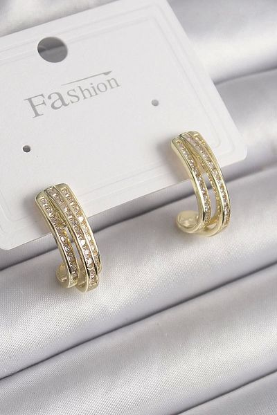 Clariss Brass Gold Color Zircon Stone Half Ring Model Women's Earrings