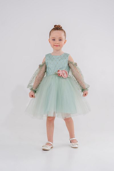 Eray Kids Βραδινό φόρεμα για κορίτσια Ασημένιο λουλούδι με λεπτομέρεια από τον ώμο μανίκια από τούλι 4-7 ετών