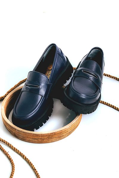 BELİSİA Navy Blue Leather High Sole Women's Loafer Shoes