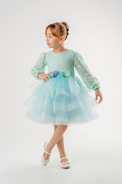 Eray Kids Girls' Evening Dress Dress Skirt Ruffled Lace Sleeves Flower Detail Stylish Dress 5-8 Years