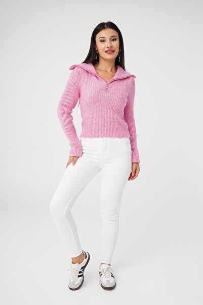 Hipo Trend Fermuar Detaylı Kısa Model Pembe Triko Kazak