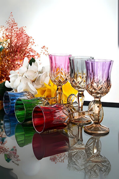 PLT Design Çift Renk Organik Boya 6'lı Kristal Ayaklı Kahve Yanı Su Ve Meşrubat Bardağı Sunum Bardağı