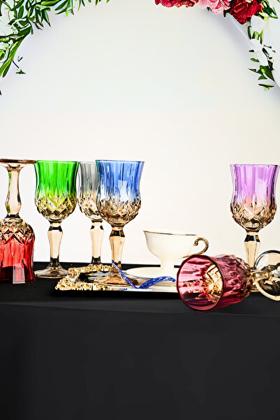 PLT Design Çift Renk Organik Boya 6'lı Kristal Ayaklı Kahve Yanı Su Ve Meşrubat Bardağı Sunum Bardağı